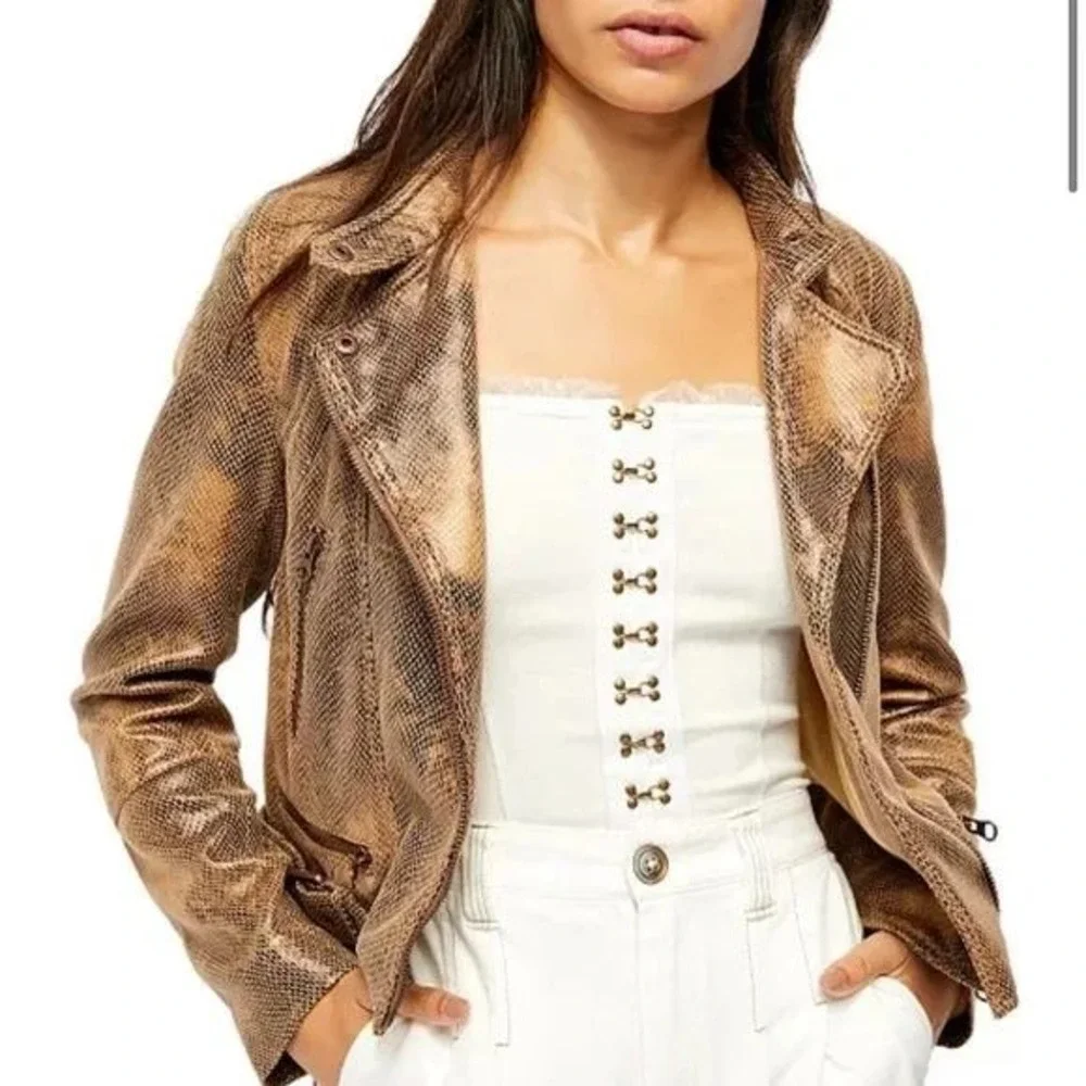 Free‎ People We The Free Snake Print Vegan Leather Moto Jacket Brown L NWT - Picture 10 of 15